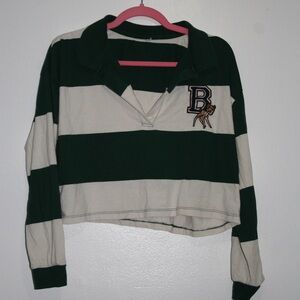 Green and White Striped Cropped Rugby Shirt
